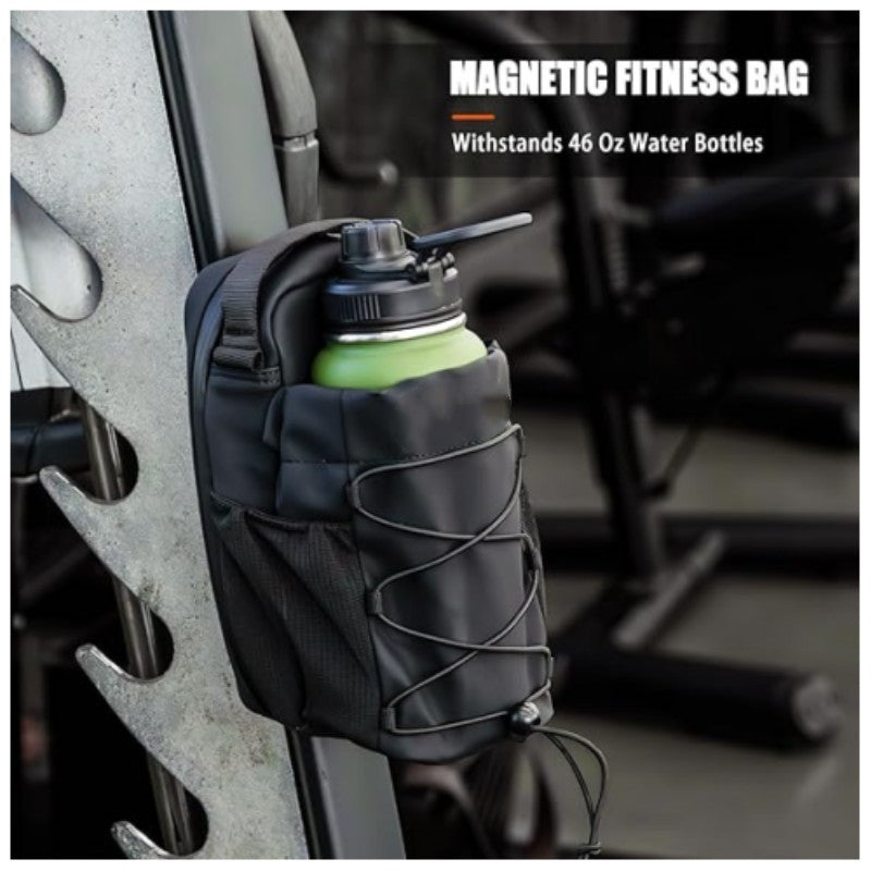 Magnetic bottle bag attached to gym equipment
